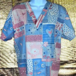 Scrub Top Pink Blue Patchwork Hearts Short Sleeve